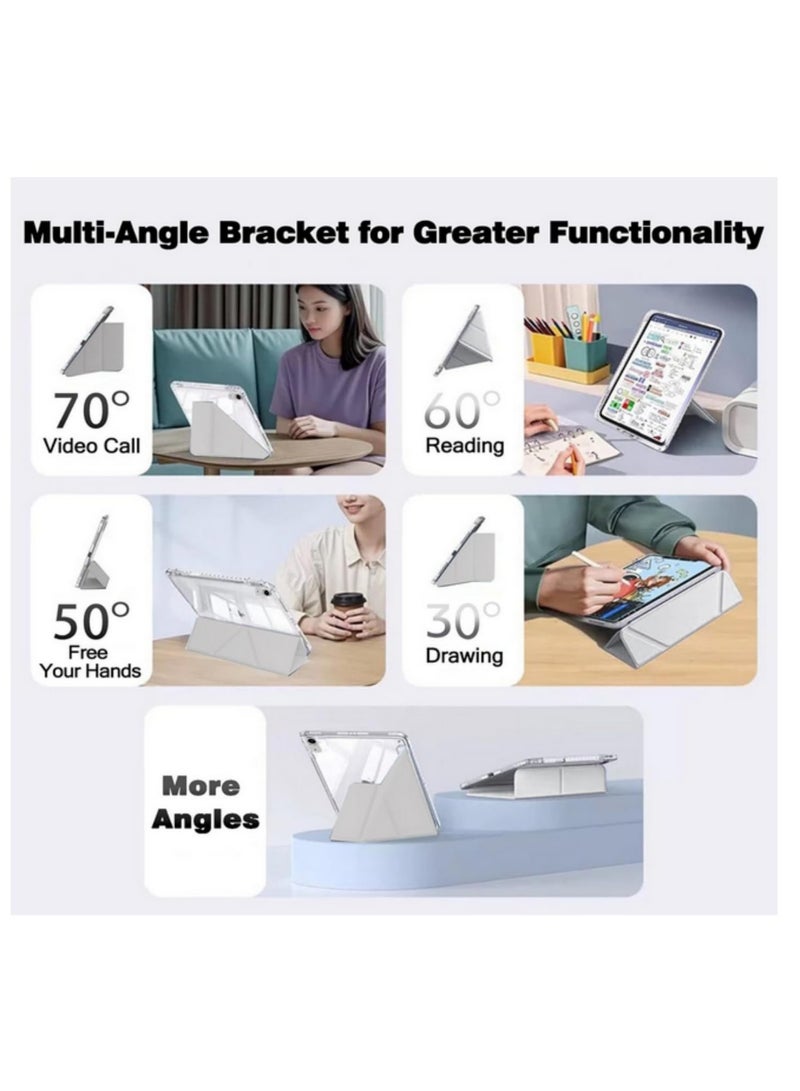 6 in1 Shockproof Clear Case for iPad (A16) 11th/10th Generation (2025/2022) for Apple Pencil Holder & Adapter Storage Y-Shaped Trifold Stand Cover Hard Back Shell Grey - Image 3